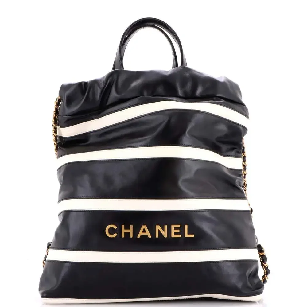 Chanel 22 Chain Backpack Striped Shiny #256590C49B Chanel Shiny Calfskin Striped Small Chanel 22 Black White  main image 4